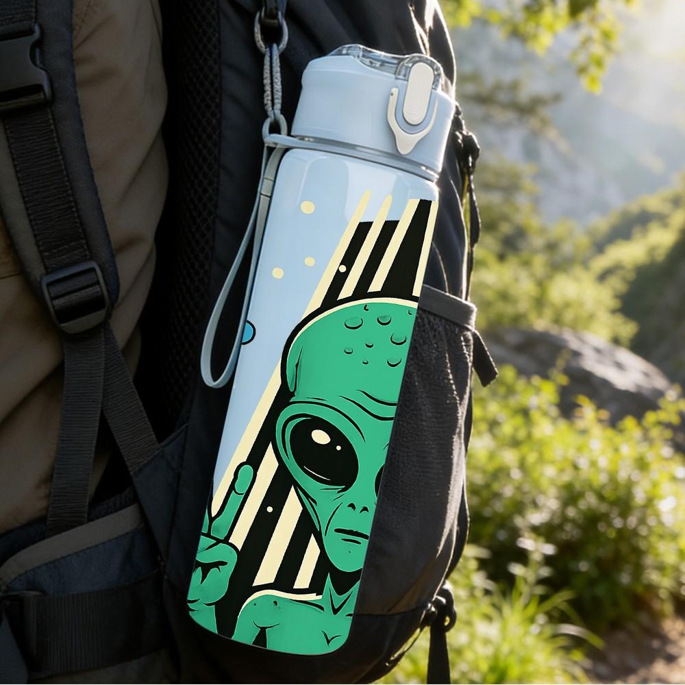 1PC Alien Peace Hand Gesture 750ml Color Plastic Sports Water Bottle Leakproof Flip Straw Lid Suitable for Sports Office Home Use