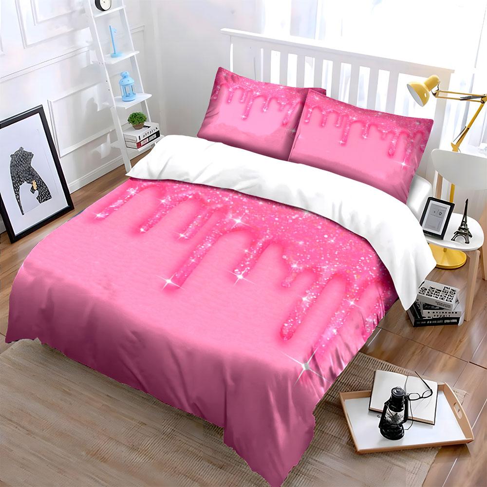 Glittery Pink Dripping Background Print Bedding Set 1 Duvet Cover 2 Pillowcases For Adult And Children Luxury Gift Full Size