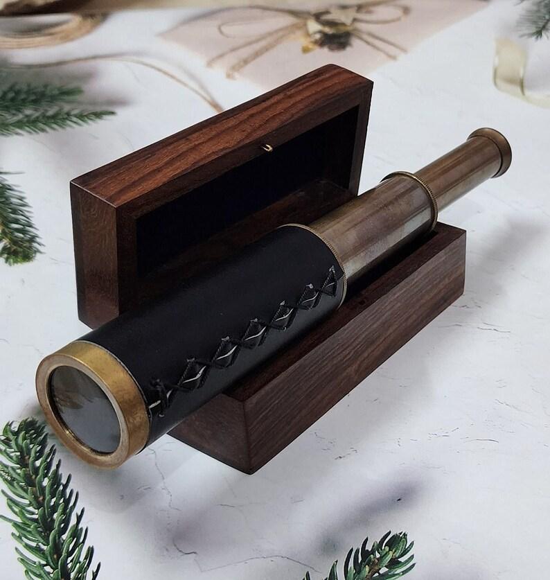 Personalisiertes Teleskop, nautische Messing-Taschen-Fernglas mit Lederumwickelung und Holzbox, Antik-Vintage-Stil, Monokular