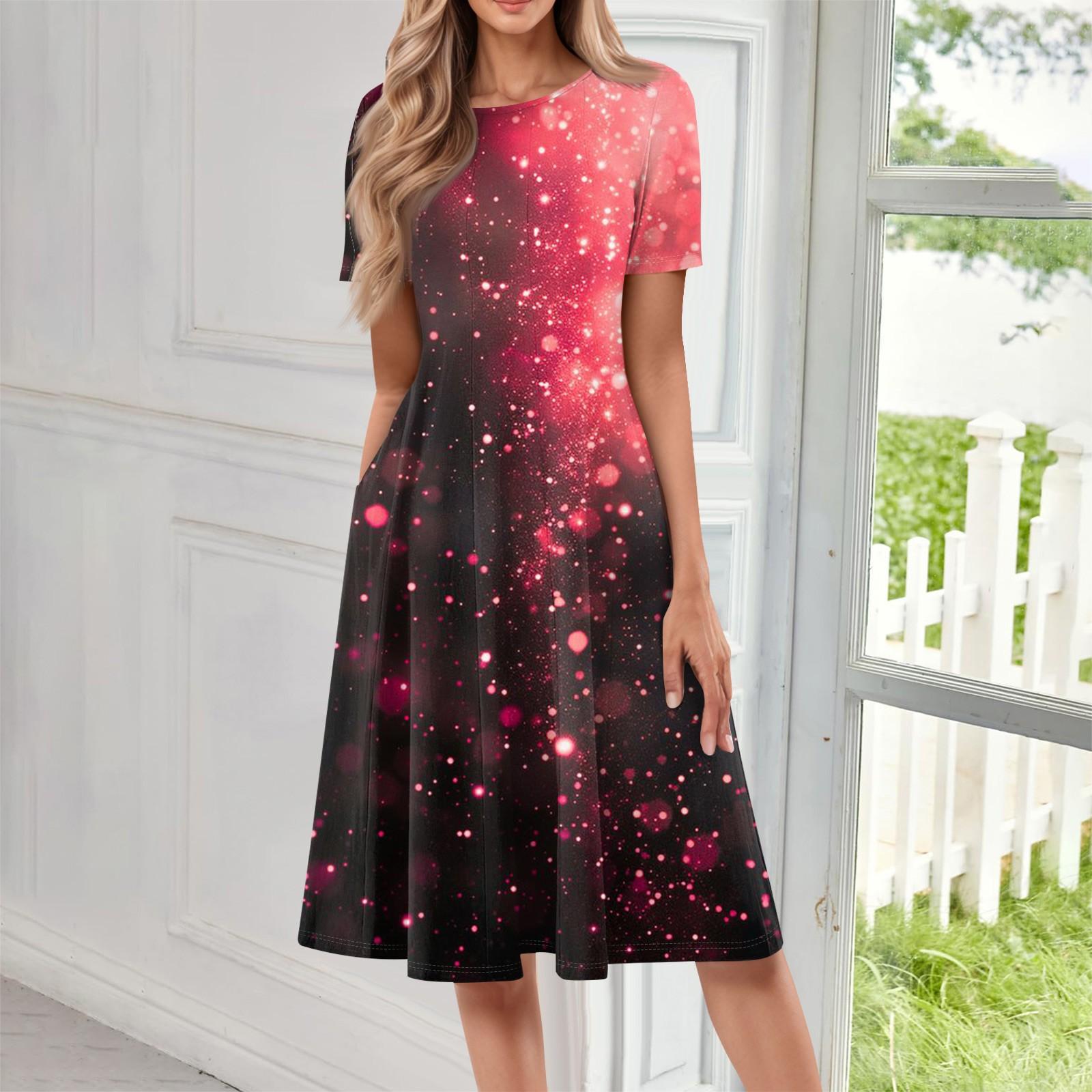 

Женское свободное повседневное и модное платье с круглым вырезом и короткими рукавами, средней длины с принтом XXL красный