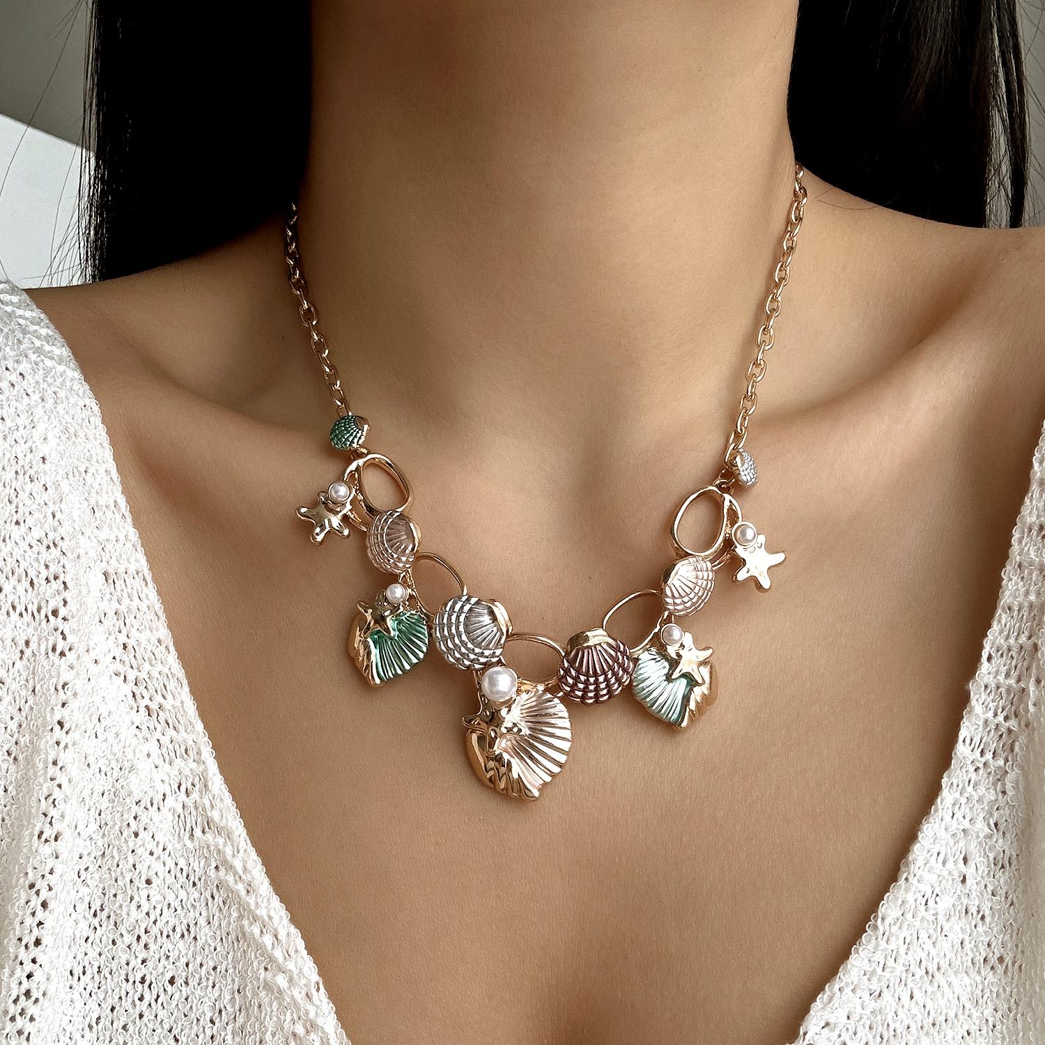 

Vintage Glazed Colorful Starfish Scallop Pendant Necklace Boho Exaggerated Metal Shell Pearl Necklace Women Summer Beach Jewelry NC25Y0482-2