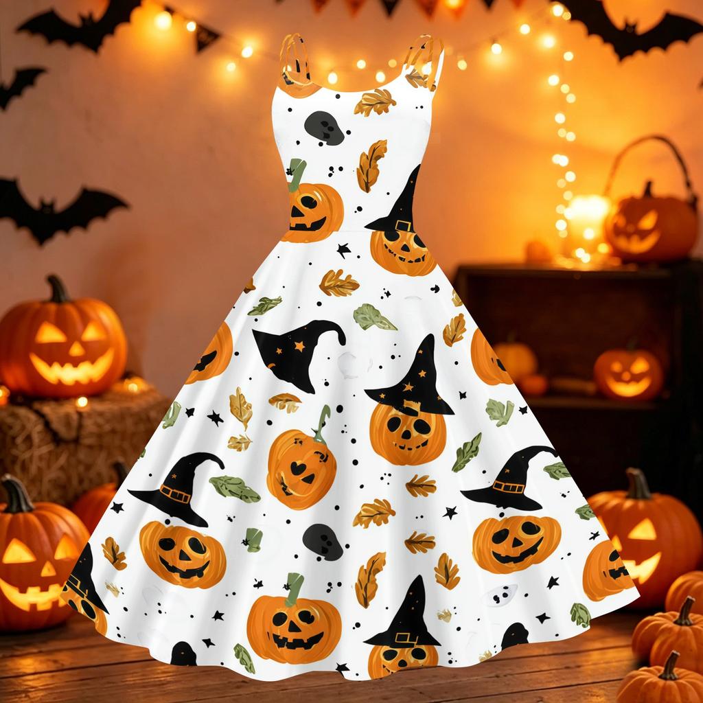 Women's Halloween Printed Off Shoulder Dress Vintage Punk Style Flared Midi Dress Spaghetti Strap Casual Party Dress