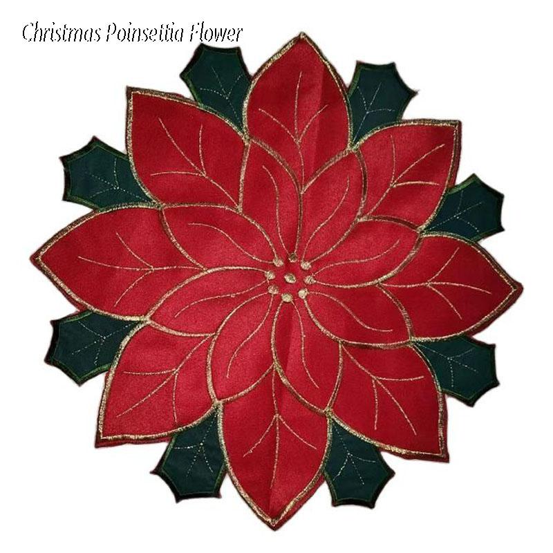 Red Christmas Poinsettia Flower Embroidery Table Place Mat Cloth Placemat Coaster Kitchen Table Decoration and Accessories for Home