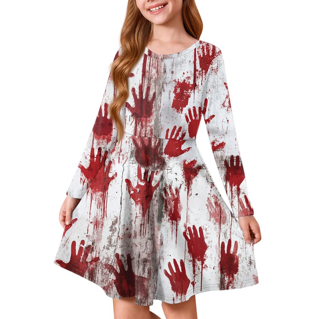 Girls' Summer Princess Dress Halloween Day- Long Sleeve A-Line T-Shirt Dress