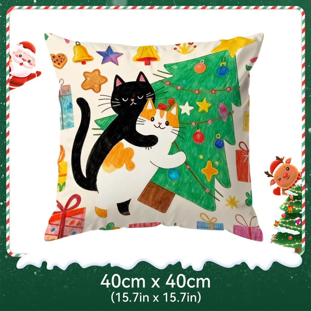 Christmas Tree Cat Cushions Pillowcase Polyester Cushion Cover Throw Pillow Pillowcover Home Car Sofa Decor