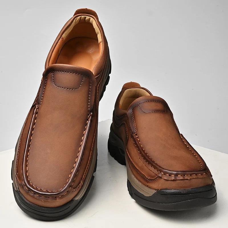 Fashion Classic Mens Leather Loafers Non Slip Walking Flats Outdoor Slip On Casual Shoes for Man Retro Style Driving Footwear Moccasins