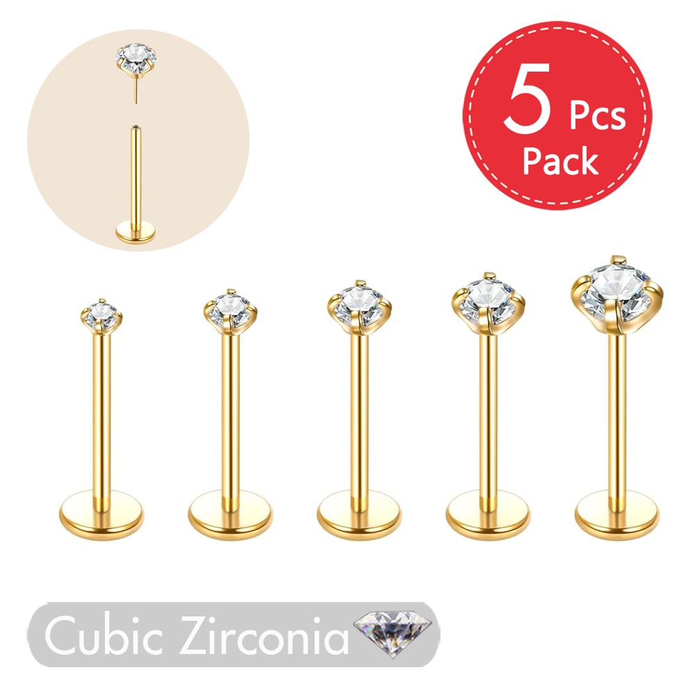 5Pcs Threadless Push In Ear Nose Lip Piercing Jewelry for Women Cartilage Tragus Labret Nostril Earrings Cubic Zirconia 18G/20G