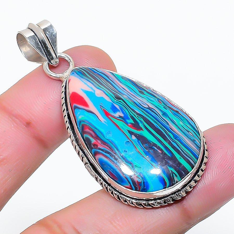Natural Rainbow Calsilica Gemstone 925 Sterling Silver Pendant 1.97  AP-15425
