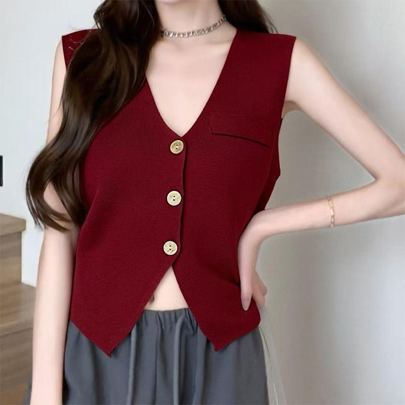 Women  Neck Knitted Vest French Retro Slim Single Breasted Sleeveless Top Trendy Soft Layer For All Occasions