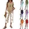 Women Two Piece Set Short Sleeve Top and Printed Wide Leg Cropped Pants Casual Relaxed Fit Outfit for Summer Daily Wear