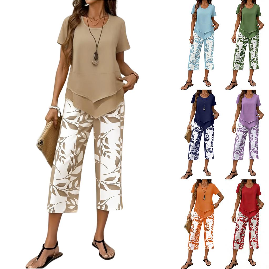 2-teilige Sets für Damen Sommer Übergröße Quadratischer Ausschnitt Oberteile Blumendruck Weite Hosen Caprihosen Boho Strand Reise Outfits
