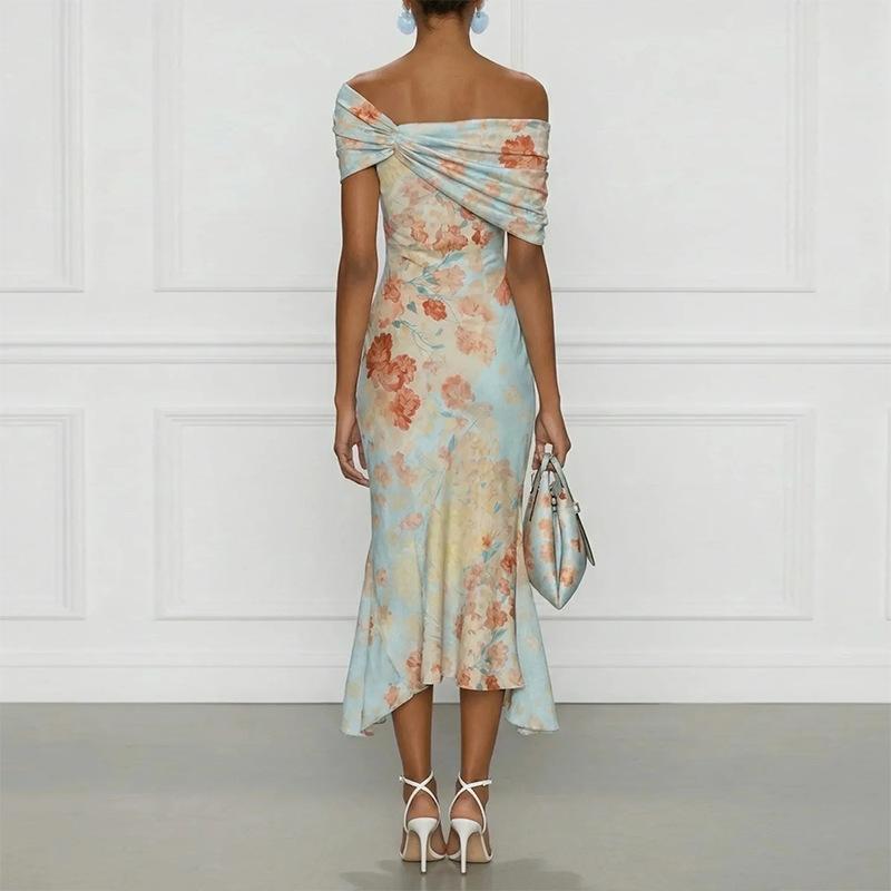 Spring New Women's Clothing, European and American Dresses, Elegant Casual Loose Plant Print Dresses