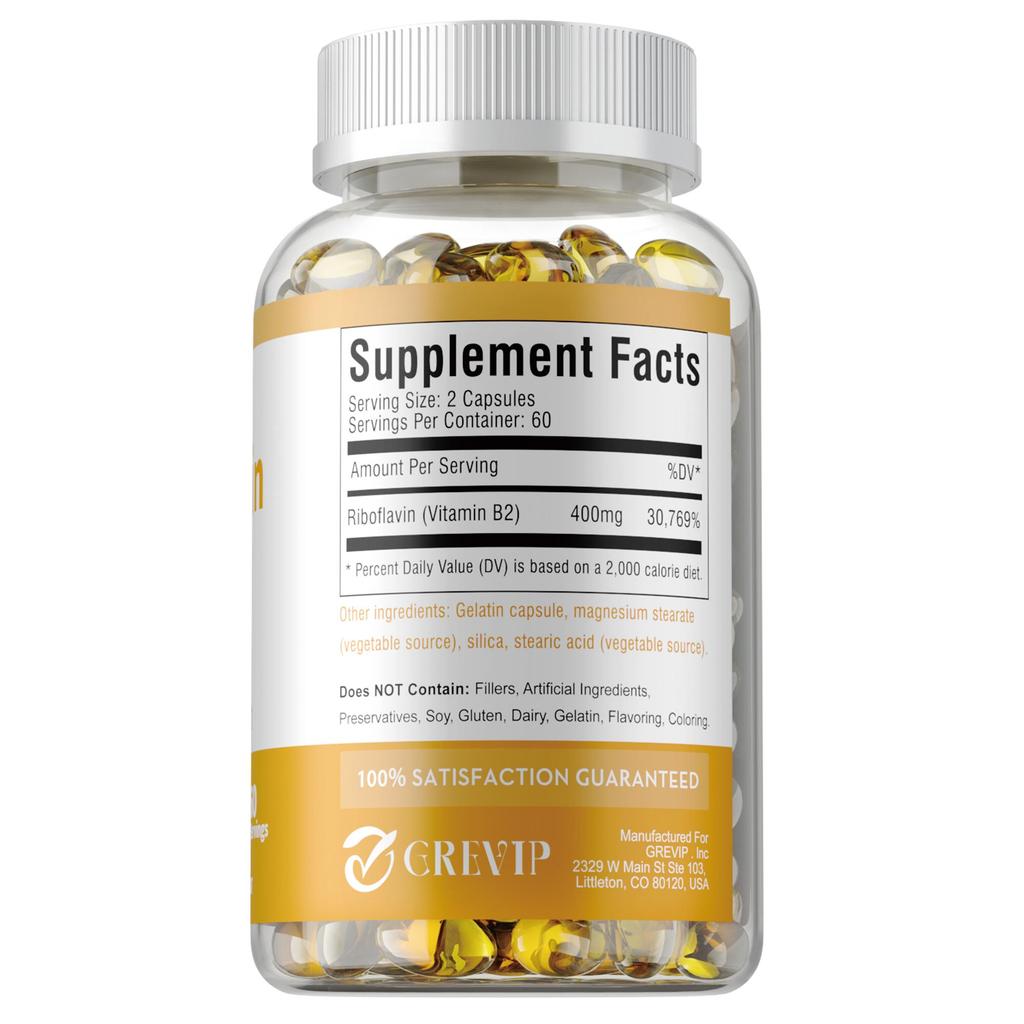 GREVIP Vitamin B2 Riboflavin, 400 mg per serving, supports energy and metabolic health, non-GMO.
