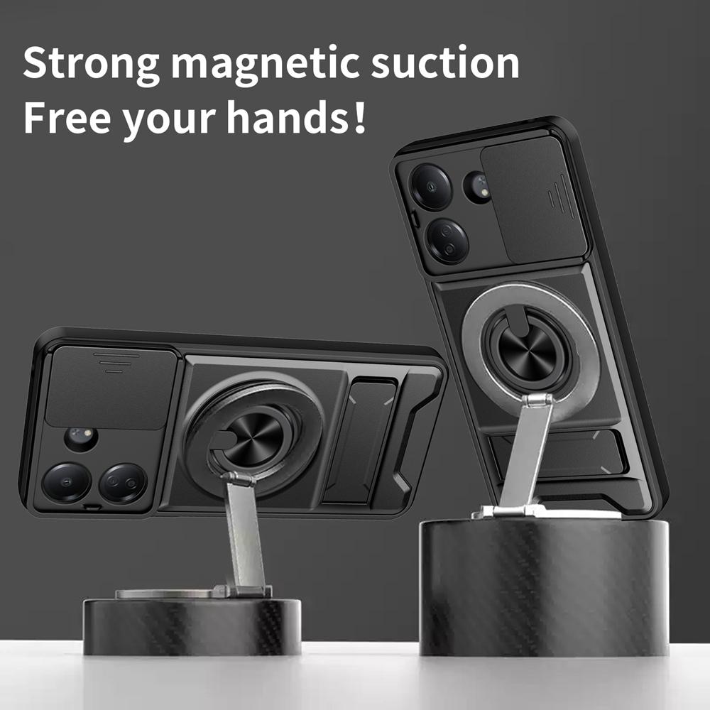 KEYSION Magnetic Phone Case for Redmi 13C Slide Camera Protection Upright Kickstand Shockproof Back Cover for Xiaomi POCO C65