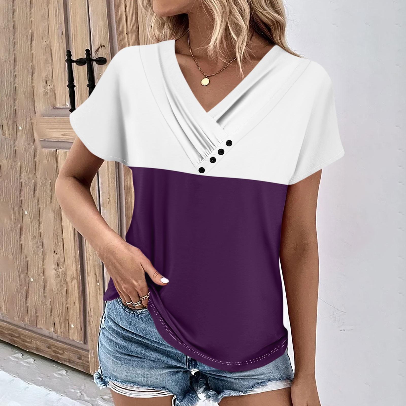 

Летние женские топы с узором для женщин, удобные женские топы с короткими рукавами и v-образным вырезом, футболки большого размера XXL фиолетовый