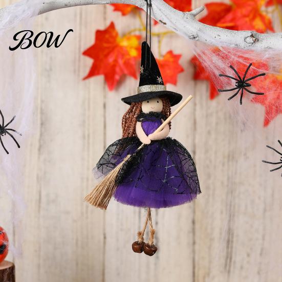 Halloween Spooky Decor Witch Doll with Broom, Small Hanging Figurine Themed Gauze Skirt for Haunted House, Door Window Party Decoration