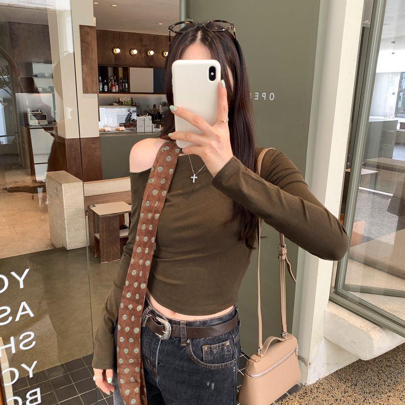 Kumikumi Design Gray Sloping Shoulder Long sleeves Shirt Women Autumn Niche All-Match Loose Slimming Casual Top