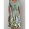 Women's Round Neck Pleated Front Floral Print Short Sleeve Midi Dress With Side Pockets