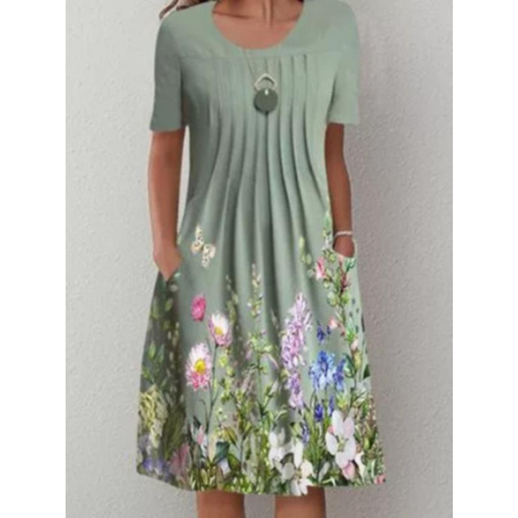 Women's Round Neck Pleated Front Floral Print Short Sleeve Midi Dress With Side Pockets