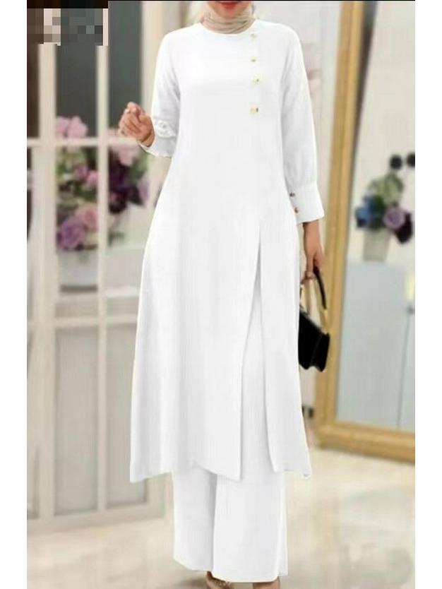 2024 Elegant Solid Color Muslim Women's Two-Piece Suit: Long Side-Slit Shirt & Wide-Leg Pants