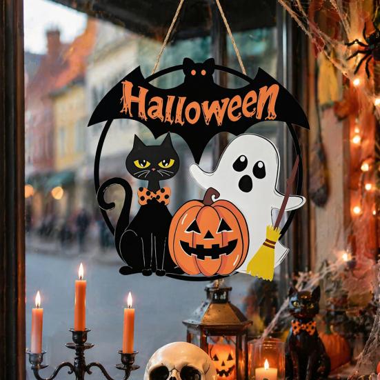 Weather Resistant Halloween Props Wood Hanging Ornament with Ghost Pumpkin Bat Cat Prints, Durable Ornaments Waterproof Front Door Sign for