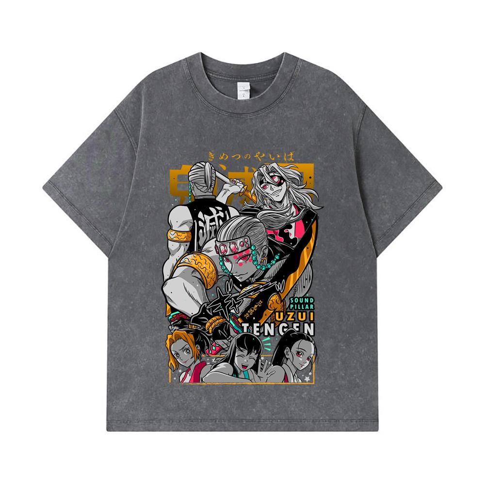 275 GSM Washed T-shirts 100% Cotton Demon Slayer V65 Uzui Print Unisex Heavy Cotton T Shirt