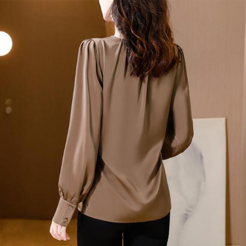 Spring Autumn Solid Color V-neck Long Sleeve Fashion Shirt Women High Street Casual Loose Lacing Cardigan Elegant All-match Tops