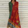 Women's Summer Casual V-Neck Button Vintage Floral Print Three-quarter Sleeve Long Dress With Pockets