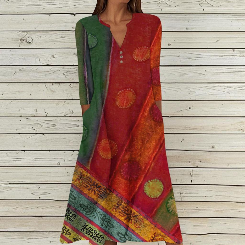 Women's Summer Casual V-Neck Button Vintage Floral Print Three-quarter Sleeve Long Dress With Pockets
