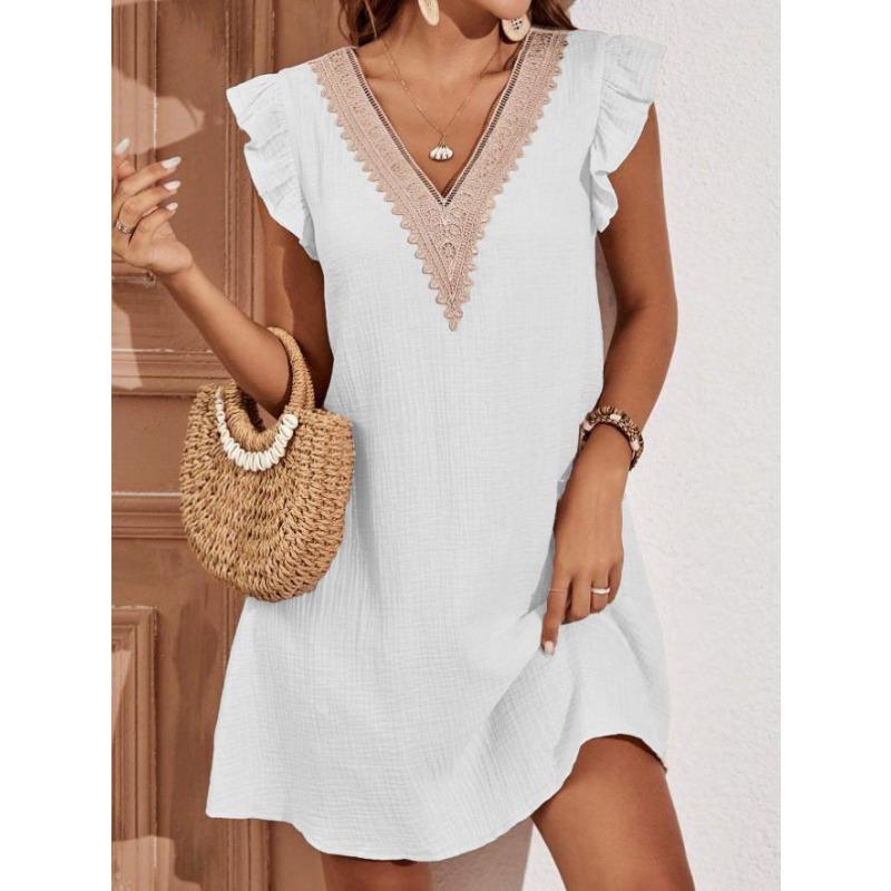 

Женское летнее повседневное кружевное платье с V-образным вырезом и рукавами в виде листьев лотоса XXL белый