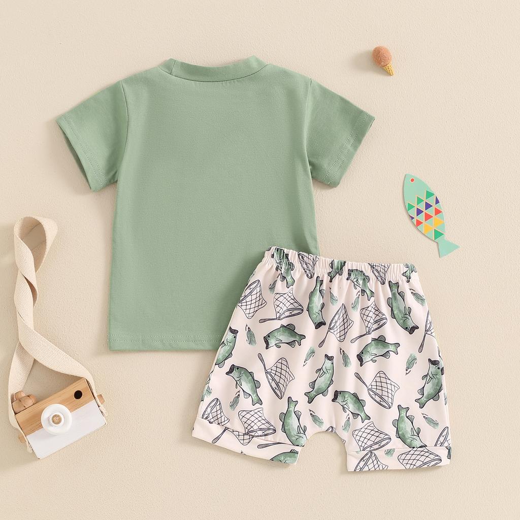 Baby Boys Summer Outfits Letter Print Short Sleeves T-Shirt and Elastic Fish Print Shorts Set for 2 Piece Clothes Set