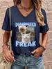 Women's "Diagnosed Freak" Cat Meme Print V-Neck T-Shirt, Funny Casual Short Sleeve Tee for Cat Lovers