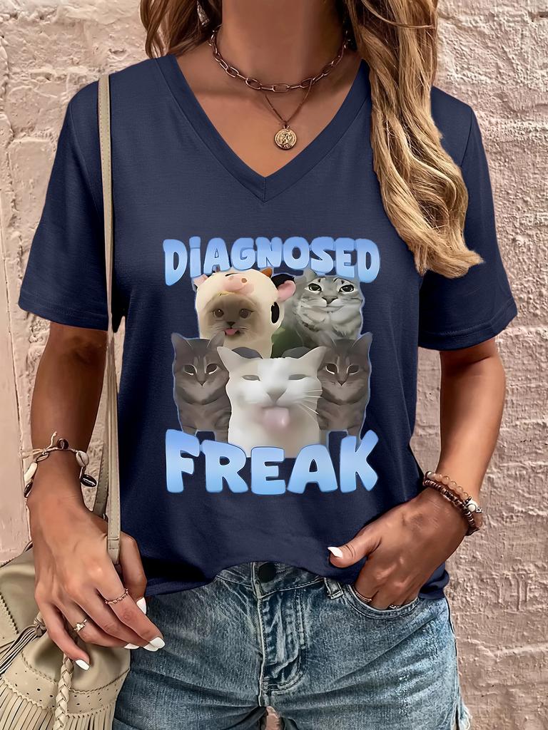 Women's "Diagnosed Freak" Cat Meme Print V-Neck T-Shirt, Funny Casual Short Sleeve Tee for Cat Lovers
