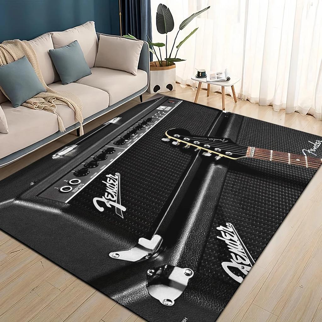 Alfombra 3D Retro con logo Fender para Instrumentos de Guitarra Música para Sala de Estar Dormitorio Hogar Decoración de Sofá, Alfombra de Piso Antideslizante para Niños