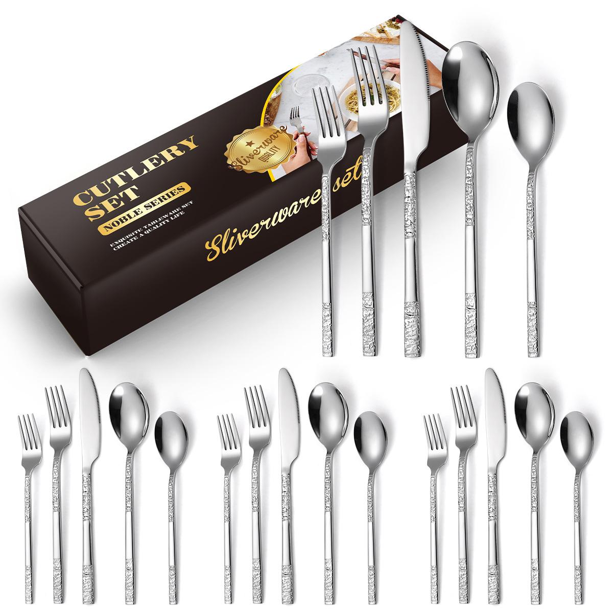 

Набор столовых приборов из утолщенной нержавеющей стали, набор из 20 предметов, каменный нож, вилка и ложка, черная западная еда, домашнее творчество серебряный