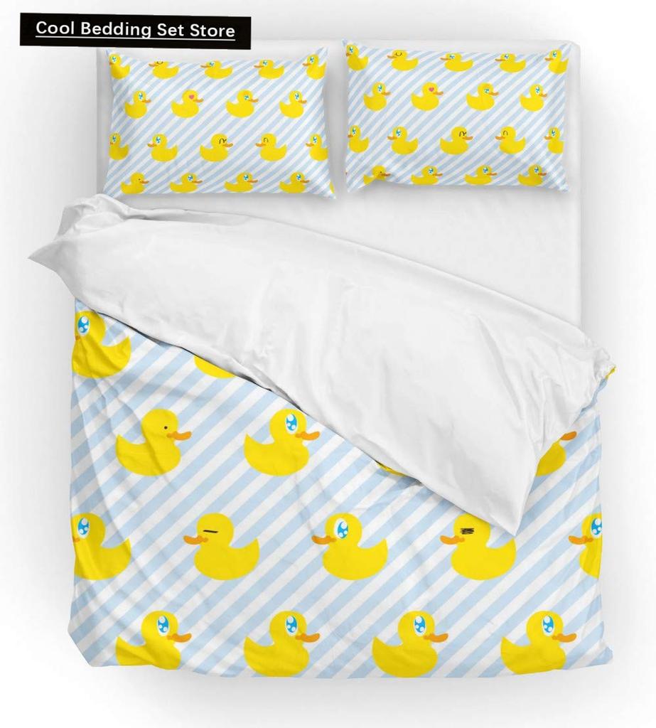 Cartoon Yellow Duck King Queen Duvet Cover Farm Lovely Animal Bedding Set Blue Bubble Quilt Cover Soft Polyester Comforter Cover