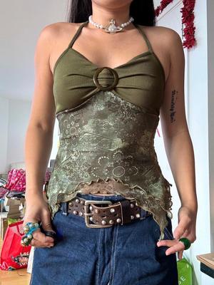 Retro Waldgrün Vintage Print Boho Y2K Camisole Rückenfrei Neckholder Krawatte Asymmetrische Tops Damen Sommer Urlaub Kleidung