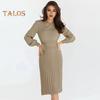Autumn Lady Dress Knitted Round Neck Long Sleeves Slim Fit Pleated Lace-up Tight Waist Mid-calf Length Elastic Solid Color Midi Sweater Dress