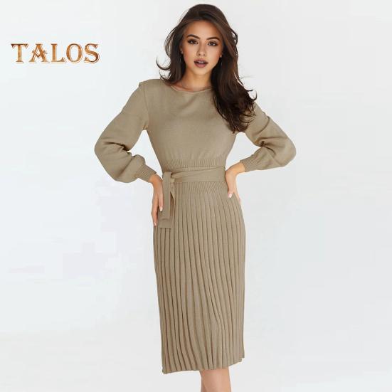 Autumn Lady Dress Knitted Round Neck Long Sleeves Slim Fit Pleated Lace-up Tight Waist Mid-calf Length Elastic Solid Color Midi Sweater Dress