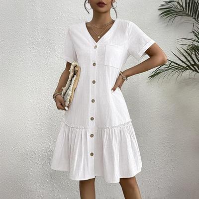Damen Sommer Baumwolle Leinen Midi Kleid Lässig Kurzarm V-Ausschnitt Knopfleiste Kleid Fließend Rüschen A-Linie Strand Sommerkleid
