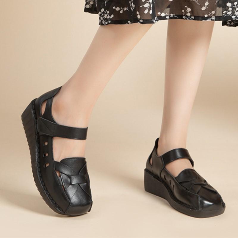 Johnature Retro Wedges Sandals Genuine Leather Breathable Shallow Soft Soled Women's Shoes