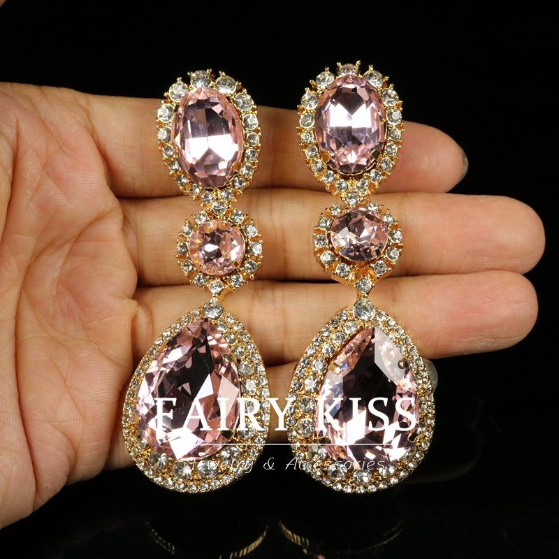French Heavy Industry Copper-plated Real Gold Long Water Drop Dense Inlaid with Diamond Glass Atmospheric Luxury Earrings
