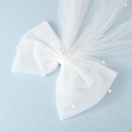 Bridal Hair Clip with Bow Faux Pearl Veil Wedding Headdress White Tulle Wedding Day Honeymoon Hair Accessory