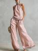 Women's Two Piece Set Halter Top Wide Leg Pants Contrast Trim Summer Vacation Outfit