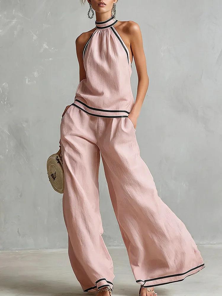 Women's Two Piece Set Halter Top Wide Leg Pants Contrast Trim Summer Vacation Outfit