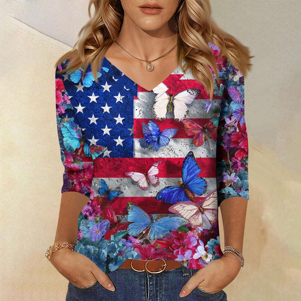 Women's Fashionable Casual Independence Day American Flag and Stars Print V-Neck Three-Quarter Sleeve T-Shirt Top
