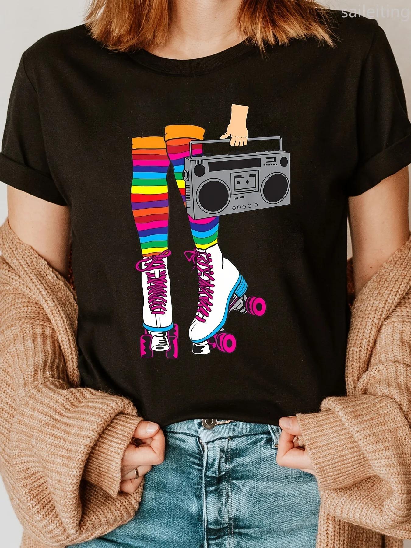 Retro Womens Tshirt Rollerskates Print Tshirt Short Sleeve Crew Neck Casual Top Womens Clothing Aesthetic Clothes S