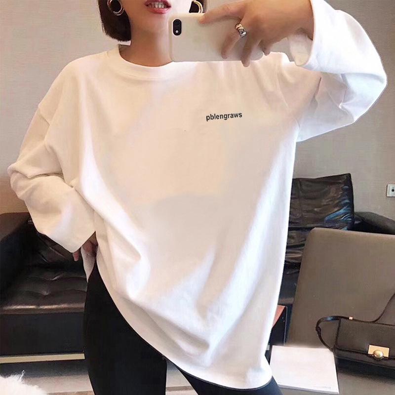 

Девичья хлопковая футболка свободного кроя с длинным рукавом - Черная, Модный весенне-осенний топ, Универсальный студенческий стиль. S