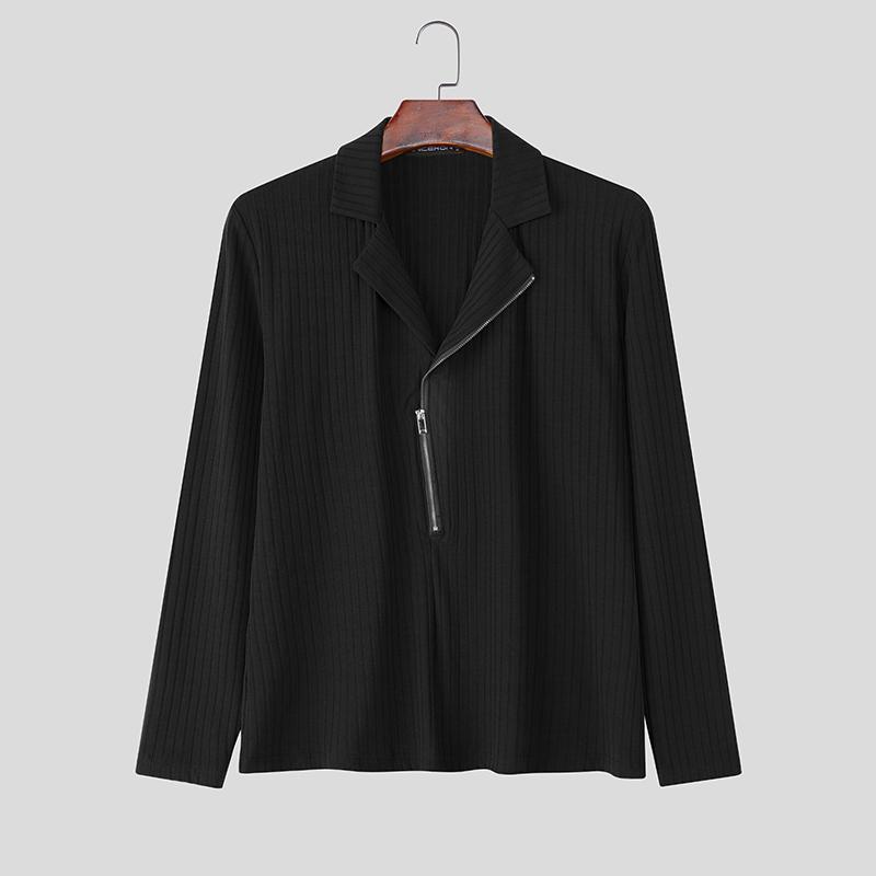 INCERUN Autumn Spring Men Zip-up Neck Long Sleeve Casual Rib Pullovers Tops