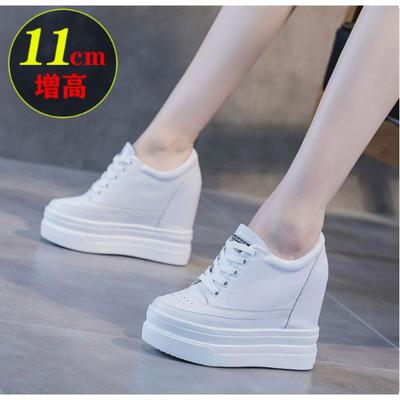 Fashion Women Genuine Leather 11cm Hidden Wedge Sneakers Platform Shoes High Heels Sneakers Woman Casual Shoes White Women Trainer